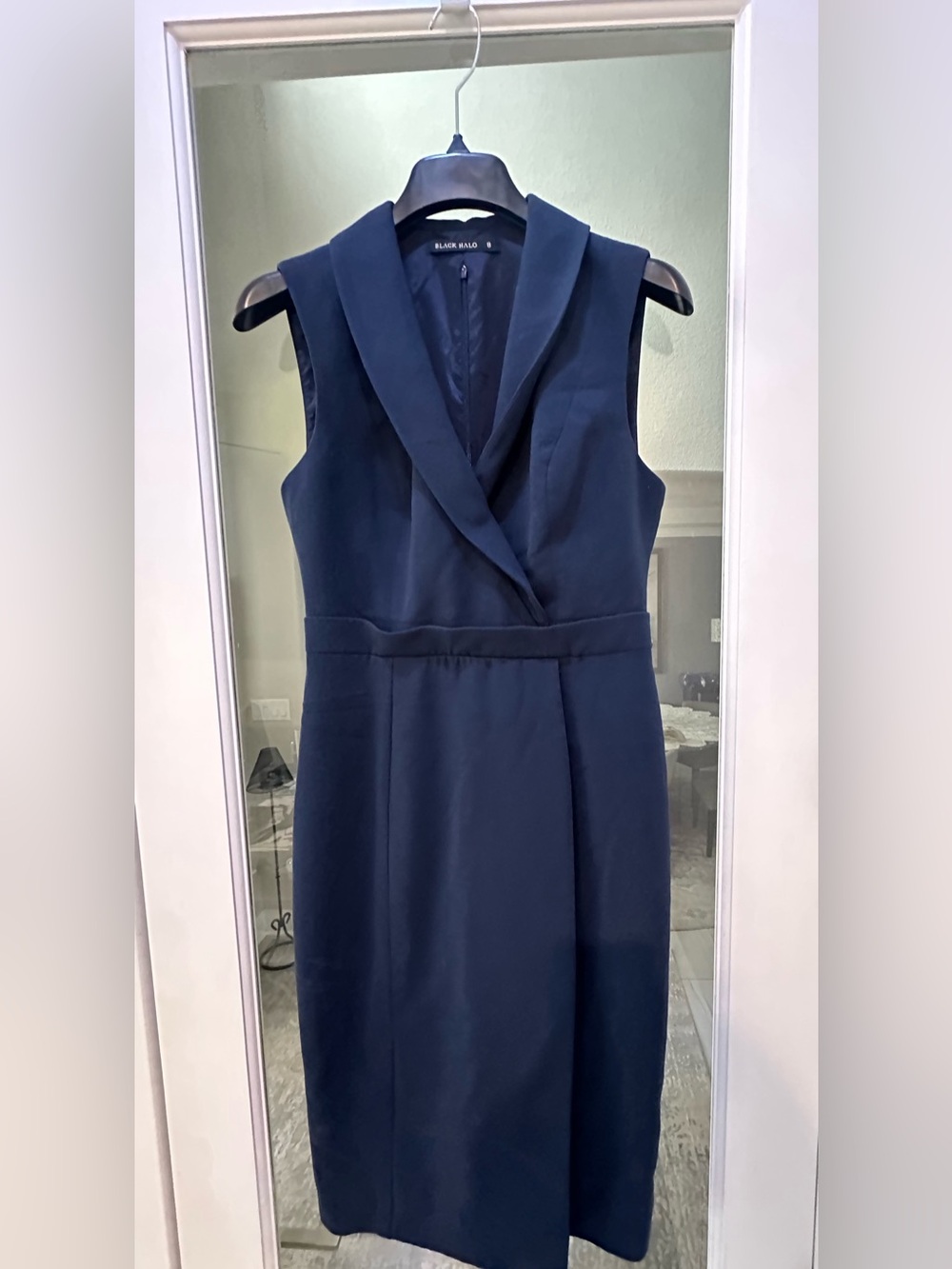 Black Halo Navy Shawl Collar Midi Sleeveless Sheath Dress